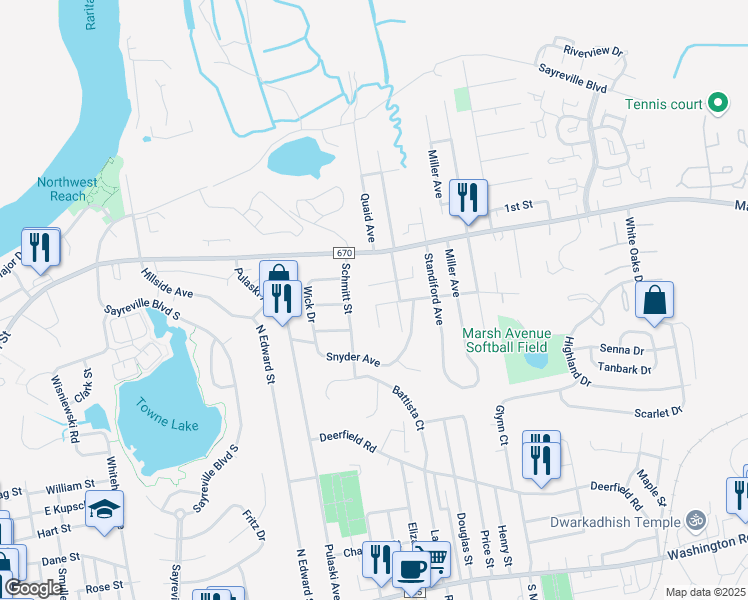 map of restaurants, bars, coffee shops, grocery stores, and more near 4 Virginia Street in Sayreville