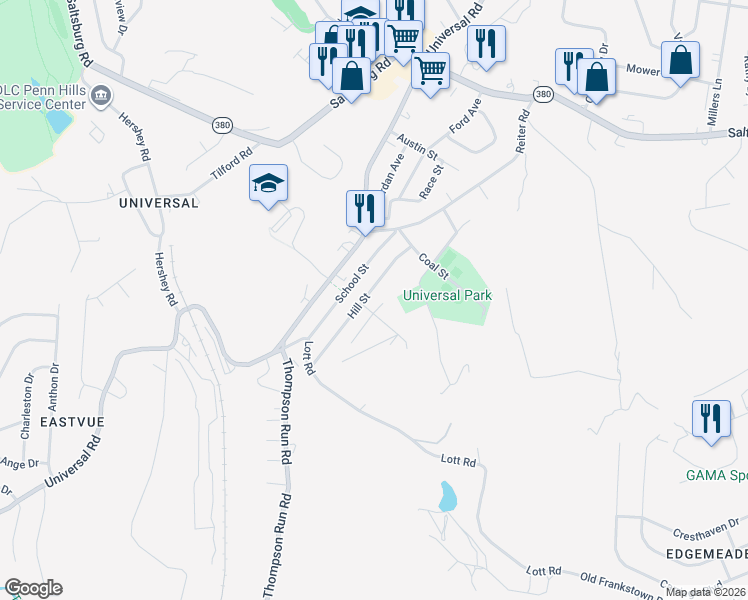 map of restaurants, bars, coffee shops, grocery stores, and more near 2510 School Street in Pittsburgh