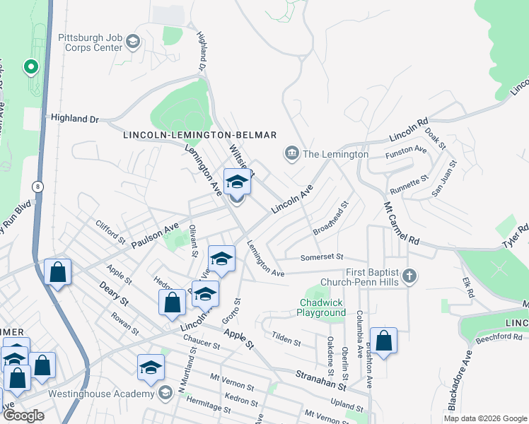map of restaurants, bars, coffee shops, grocery stores, and more near 7171 Churchland Street in Pittsburgh