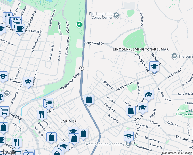 map of restaurants, bars, coffee shops, grocery stores, and more near 6319 Dean Street in Pittsburgh