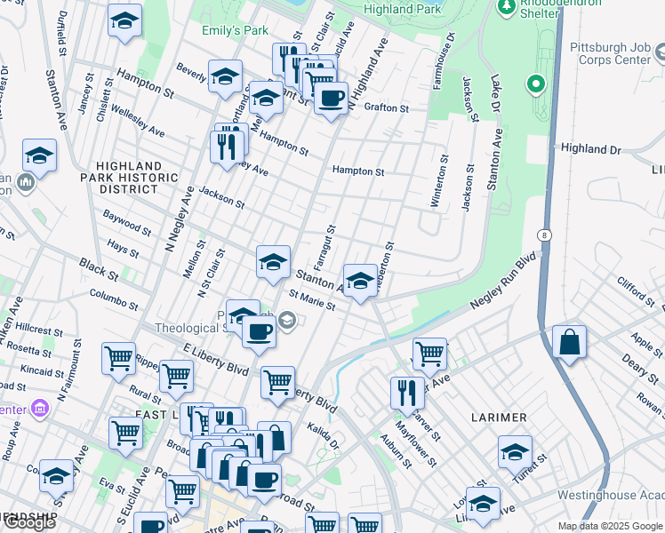 map of restaurants, bars, coffee shops, grocery stores, and more near 825 Sheridan Avenue in Pittsburgh