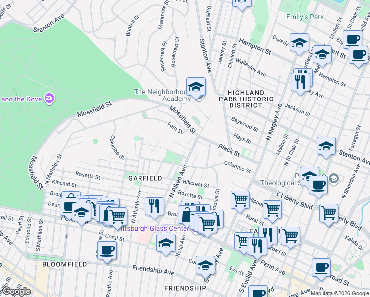 map of restaurants, bars, coffee shops, grocery stores, and more near 545 North Aiken Avenue in Pittsburgh