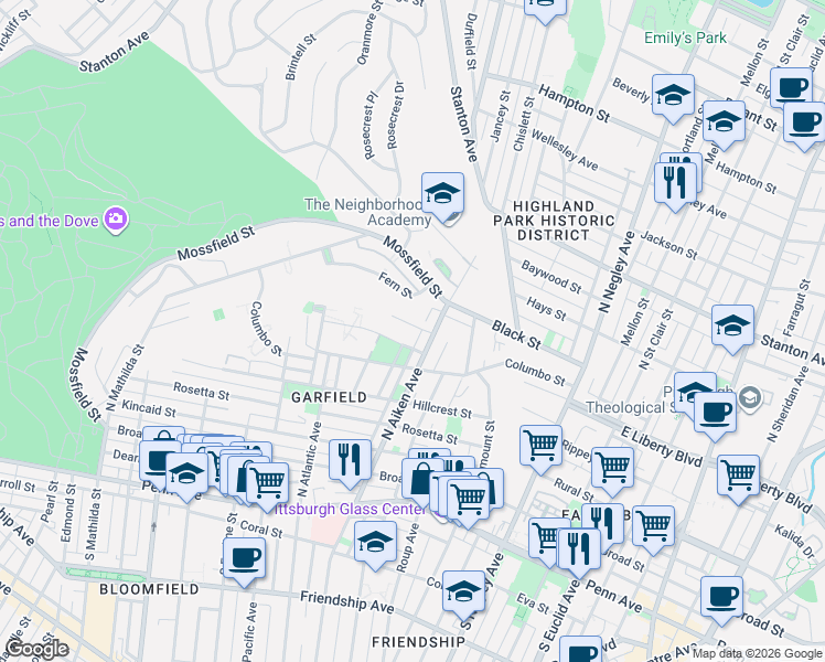 map of restaurants, bars, coffee shops, grocery stores, and more near 545 North Aiken Avenue in Pittsburgh