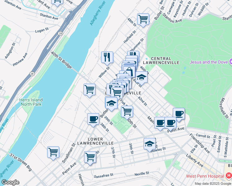 map of restaurants, bars, coffee shops, grocery stores, and more near 182 41st Street in Pittsburgh
