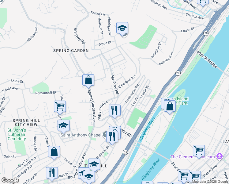 map of restaurants, bars, coffee shops, grocery stores, and more near 1961 West Beckert Avenue in Pittsburgh