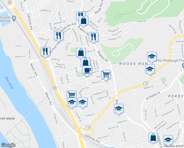 map of restaurants, bars, coffee shops, grocery stores, and more near 1254 Dickson Street in Pittsburgh