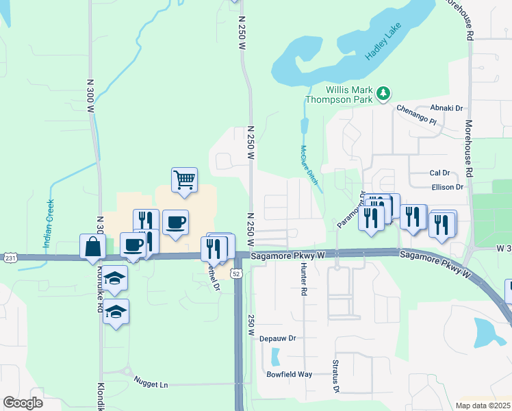 map of restaurants, bars, coffee shops, grocery stores, and more near 3627 North 250 West in West Lafayette
