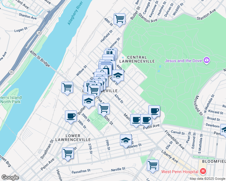 map of restaurants, bars, coffee shops, grocery stores, and more near 238 43rd Street in Pittsburgh