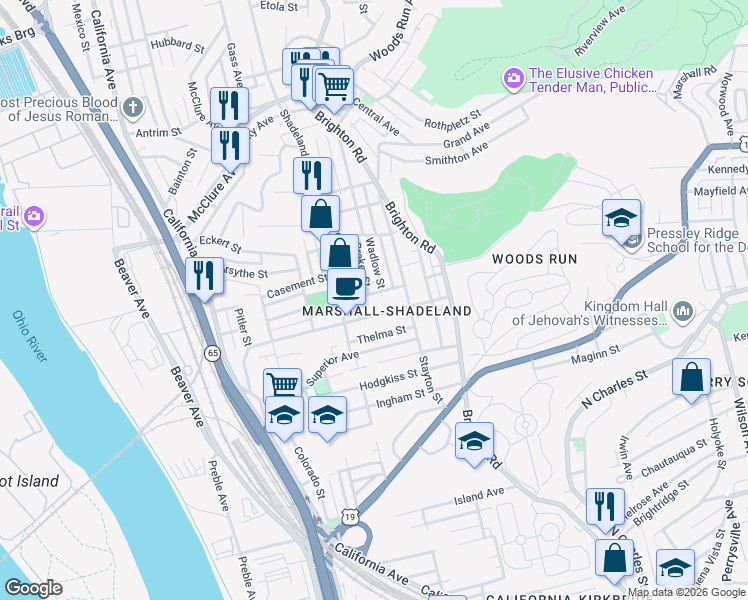 map of restaurants, bars, coffee shops, grocery stores, and more near 1254 Dickson Street in Pittsburgh