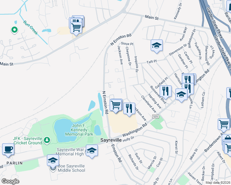 map of restaurants, bars, coffee shops, grocery stores, and more near 14 Chelsea Court in Sayreville