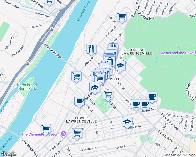 map of restaurants, bars, coffee shops, grocery stores, and more near 184 41st Street in Pittsburgh