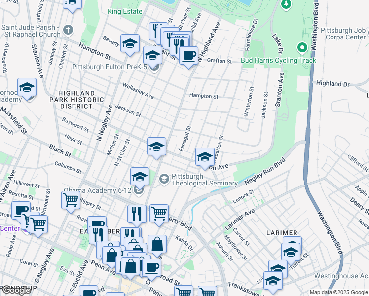 map of restaurants, bars, coffee shops, grocery stores, and more near 818 Farragut Street in Pittsburgh