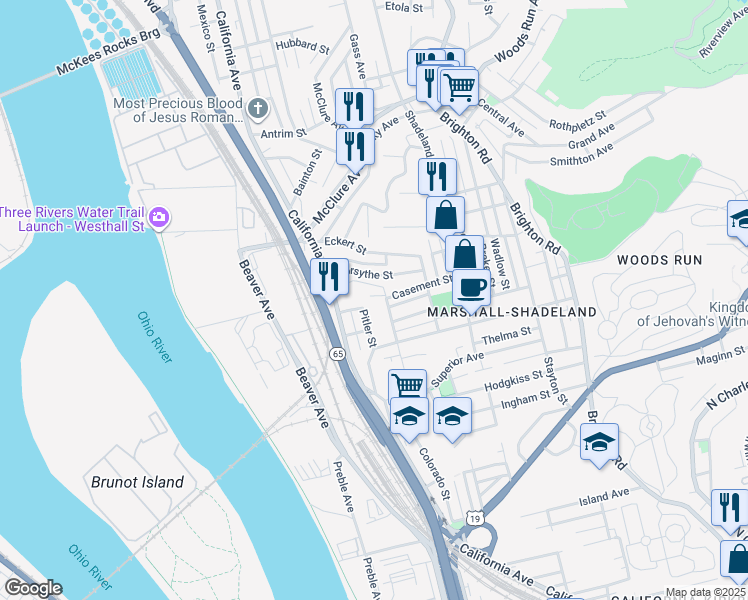 map of restaurants, bars, coffee shops, grocery stores, and more near 2905 Plough Street in Pittsburgh