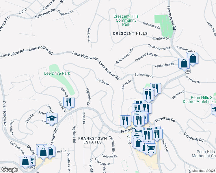 map of restaurants, bars, coffee shops, grocery stores, and more near 11300 Azalea Drive in Pittsburgh