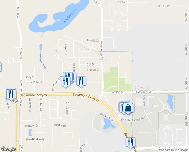 map of restaurants, bars, coffee shops, grocery stores, and more near 3620 Morehouse Road in West Lafayette