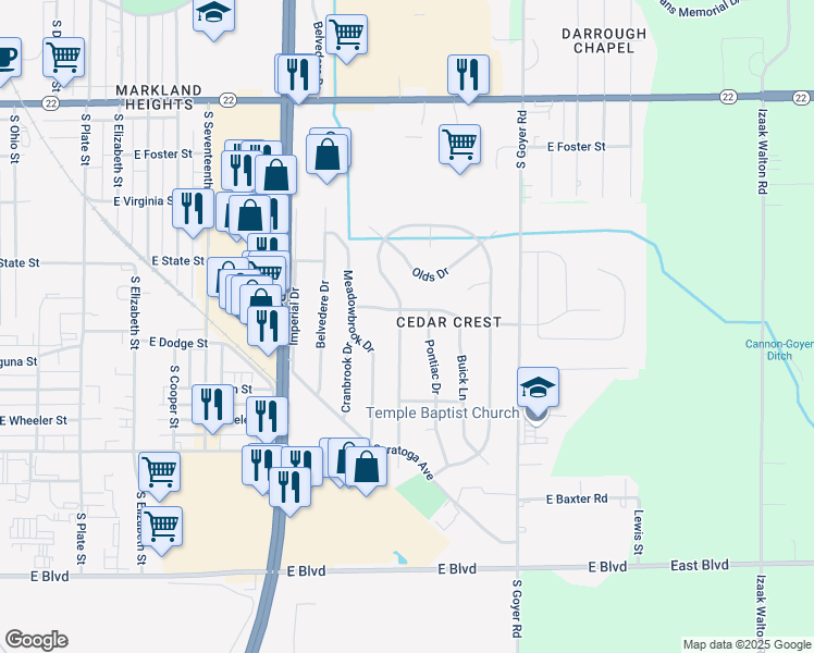 map of restaurants, bars, coffee shops, grocery stores, and more near 1408 Cadillac Dr W in Kokomo