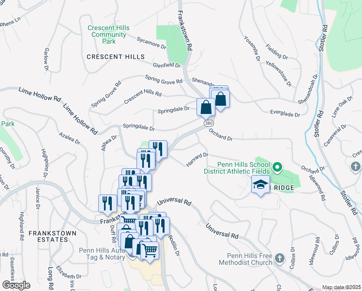 map of restaurants, bars, coffee shops, grocery stores, and more near 12000 Marymont Drive in Penn Hills