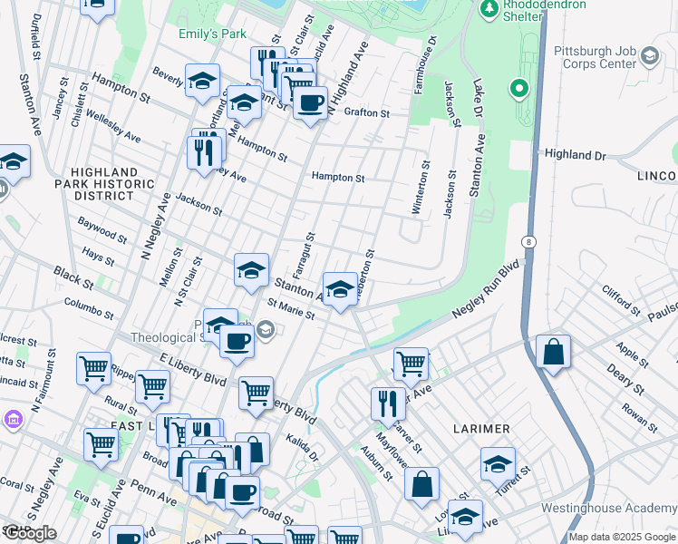 map of restaurants, bars, coffee shops, grocery stores, and more near 834 Collins Street in Pittsburgh