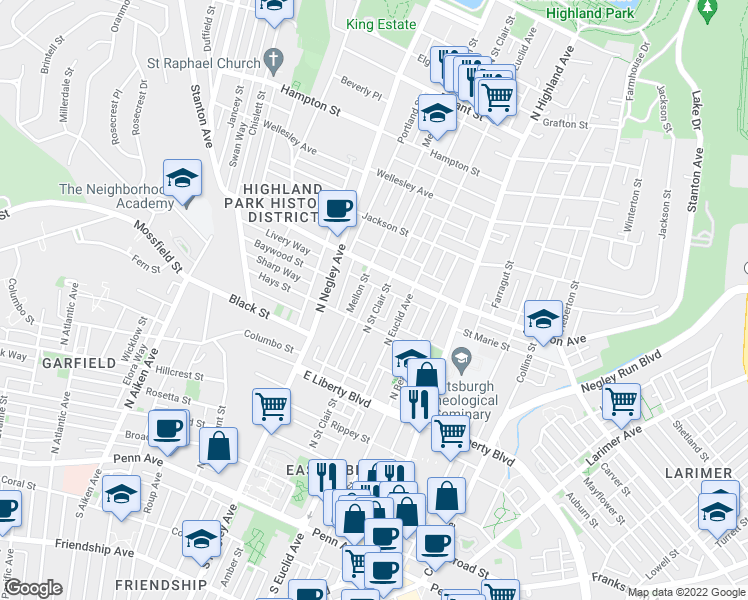 map of restaurants, bars, coffee shops, grocery stores, and more near 739 North Saint Clair Street in Pittsburgh