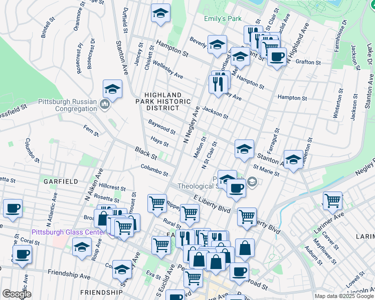 map of restaurants, bars, coffee shops, grocery stores, and more near 721 Mellon Street in Pittsburgh