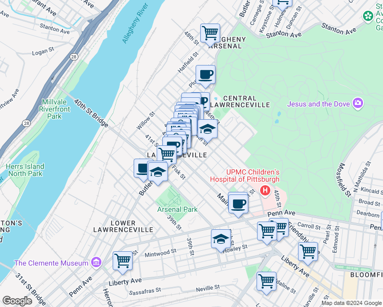 map of restaurants, bars, coffee shops, grocery stores, and more near 238 43rd Street in Pittsburgh