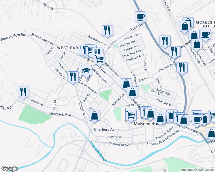 map of restaurants, bars, coffee shops, grocery stores, and more near 502 Russellwood Avenue in McKees Rocks