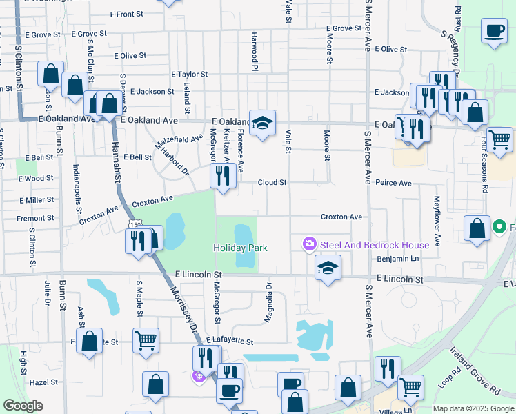 map of restaurants, bars, coffee shops, grocery stores, and more near 15 Ryan Drive in Bloomington