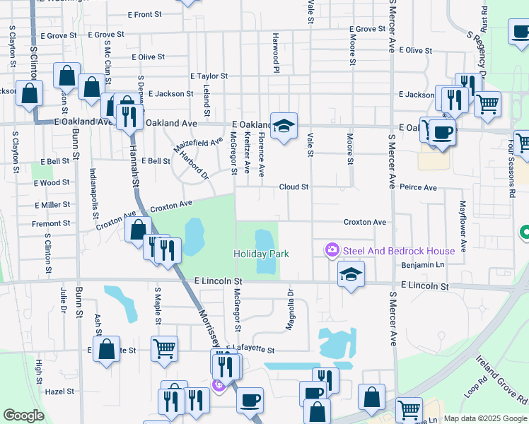 map of restaurants, bars, coffee shops, grocery stores, and more near 1410 Croxton Avenue in Bloomington