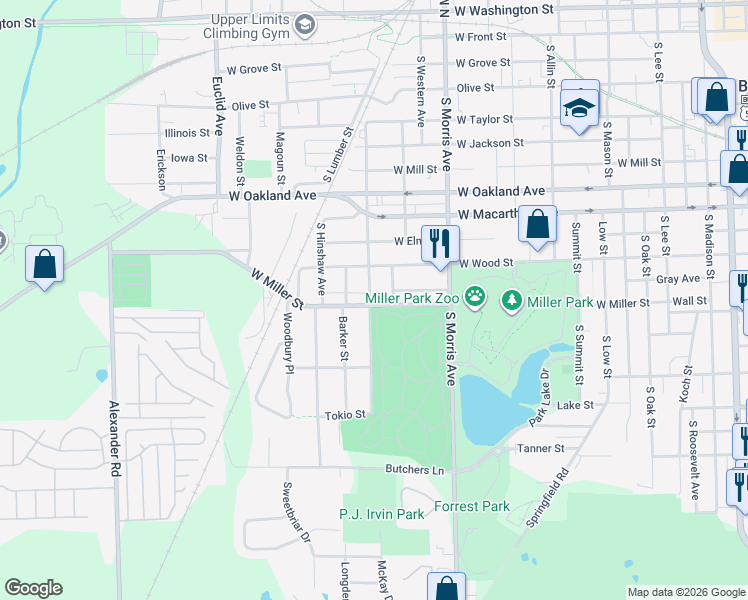 map of restaurants, bars, coffee shops, grocery stores, and more near 1201 West Miller Street in Bloomington