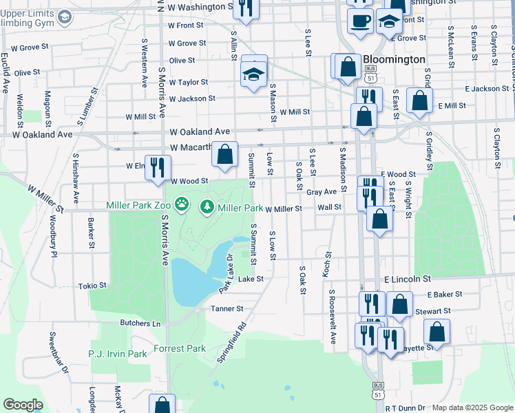 map of restaurants, bars, coffee shops, grocery stores, and more near 920 Summit Street in Bloomington