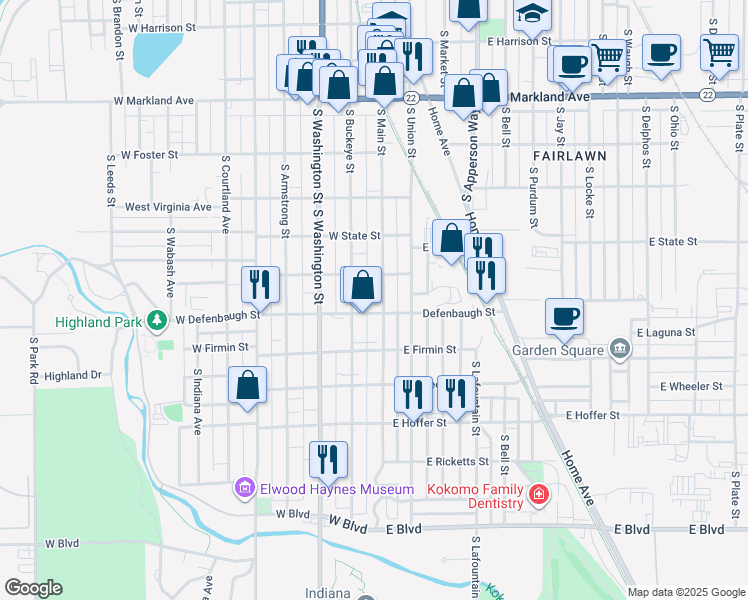 map of restaurants, bars, coffee shops, grocery stores, and more near 1423 South Main Street in Kokomo