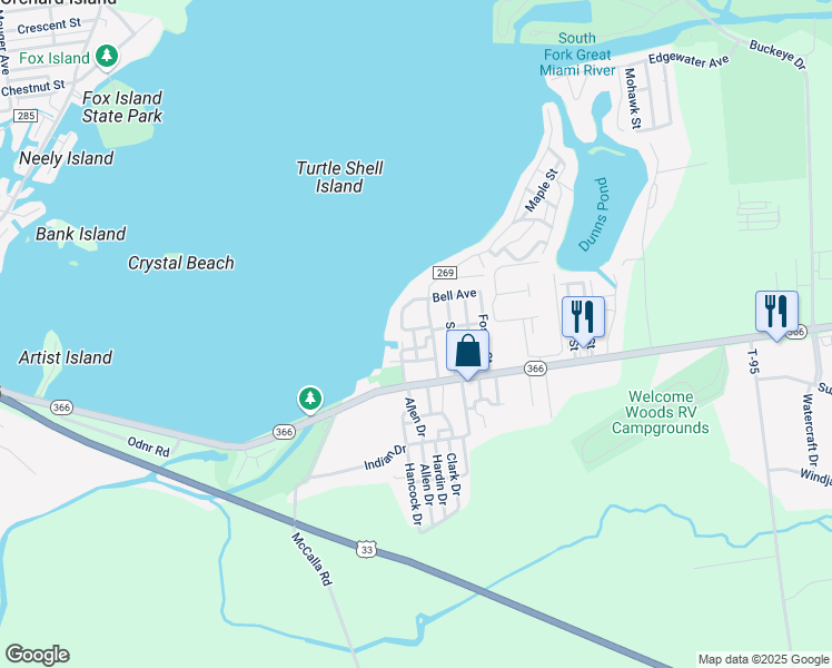 map of restaurants, bars, coffee shops, grocery stores, and more near 7403 Township Road 269 in Russells Point