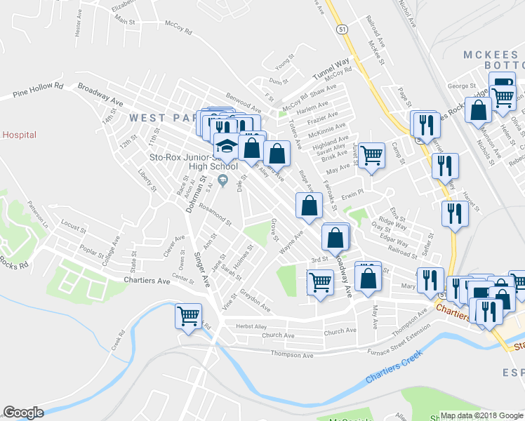 map of restaurants, bars, coffee shops, grocery stores, and more near 502 Russellwood Avenue in McKees Rocks