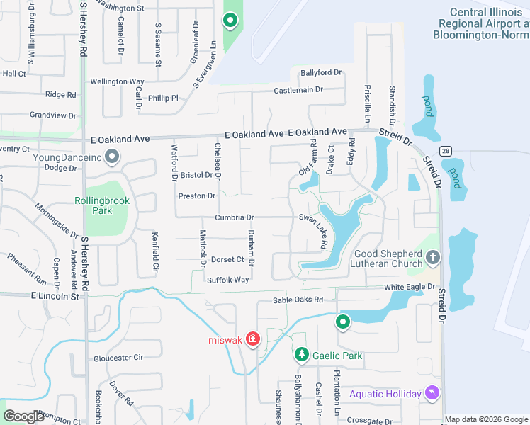 map of restaurants, bars, coffee shops, grocery stores, and more near 3306 Cumbria Drive in Bloomington