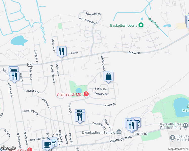 map of restaurants, bars, coffee shops, grocery stores, and more near 4 Orchid Court in Sayreville