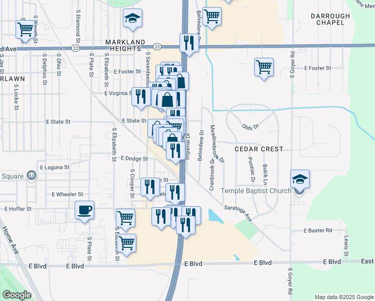map of restaurants, bars, coffee shops, grocery stores, and more near 1412 Imperial Drive in Kokomo