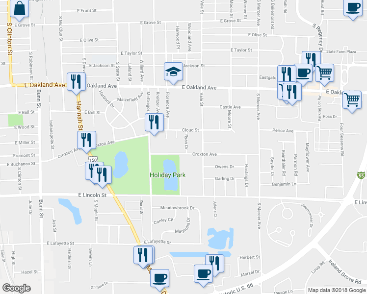 map of restaurants, bars, coffee shops, grocery stores, and more near 15 Ryan Drive in Bloomington