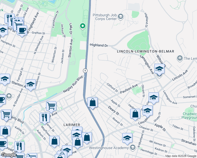 map of restaurants, bars, coffee shops, grocery stores, and more near 6319 Dean Street in Pittsburgh