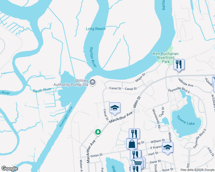 map of restaurants, bars, coffee shops, grocery stores, and more near 59 Canal Street in Sayreville