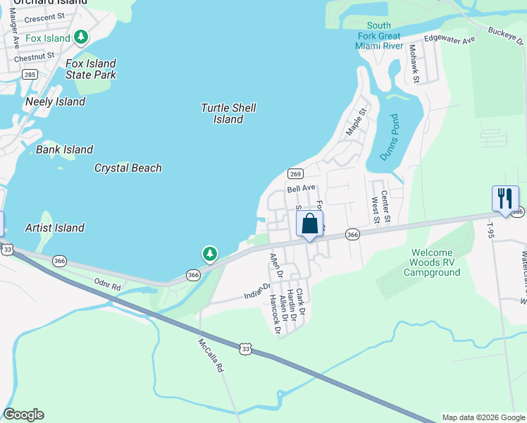 map of restaurants, bars, coffee shops, grocery stores, and more near 7407 Mingo Way in Russells Point
