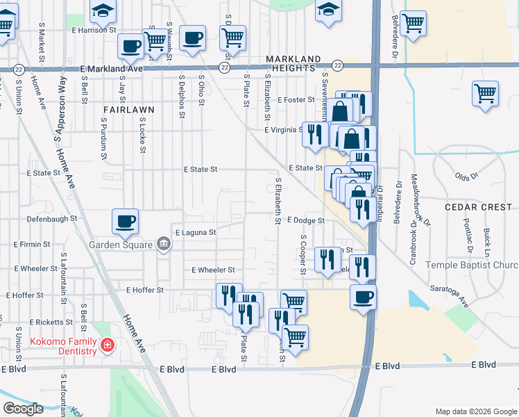 map of restaurants, bars, coffee shops, grocery stores, and more near 1318 East Deffenbaugh Street in Kokomo