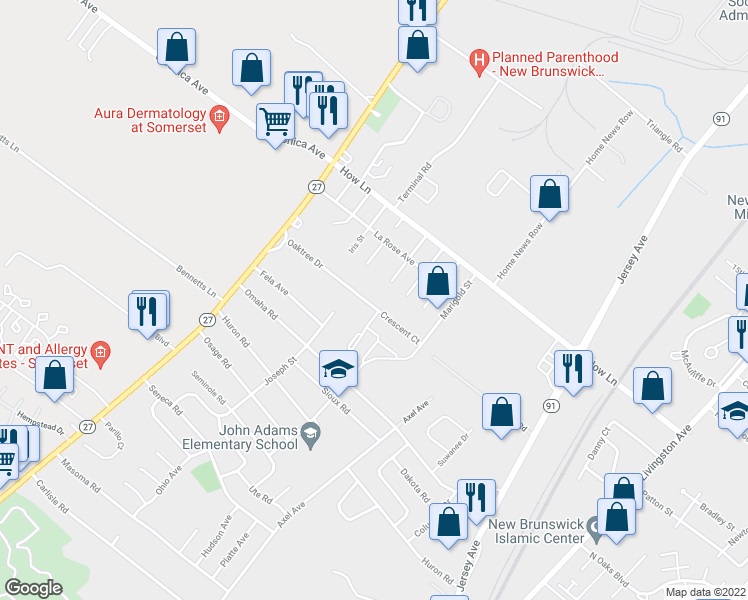 map of restaurants, bars, coffee shops, grocery stores, and more near 1375 Oaktree Drive in North Brunswick Township
