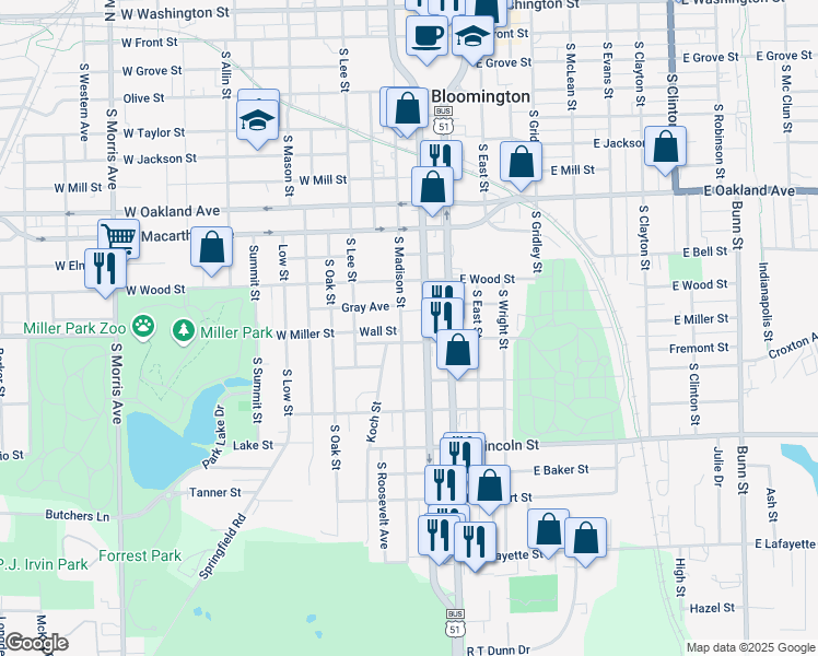 map of restaurants, bars, coffee shops, grocery stores, and more near 916 S Madison St in Bloomington