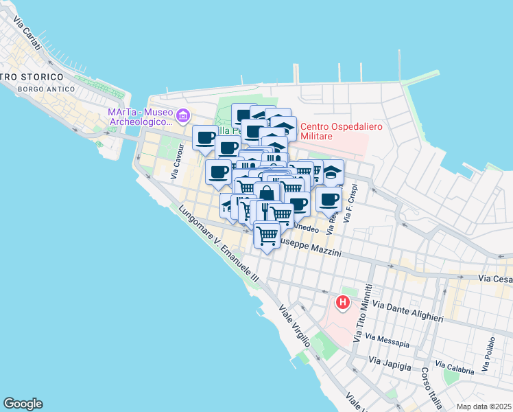 map of restaurants, bars, coffee shops, grocery stores, and more near 171-189 Via Anfiteatro in Taranto