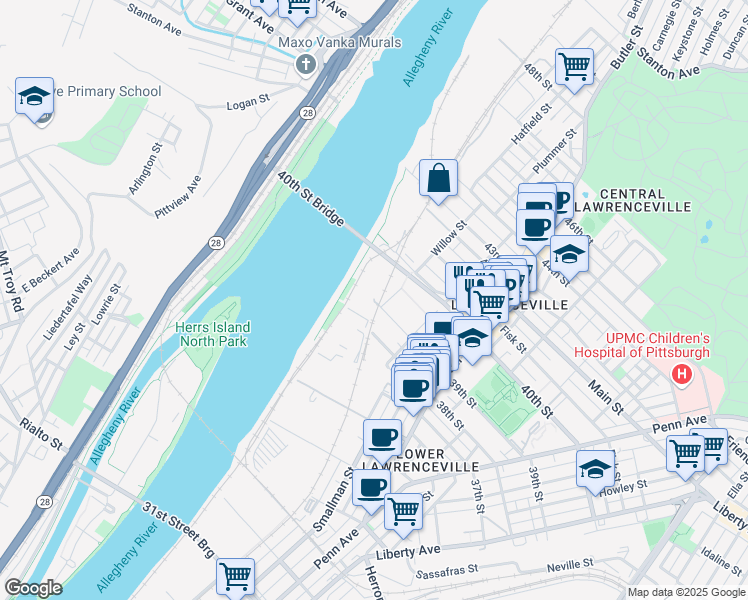 map of restaurants, bars, coffee shops, grocery stores, and more near 1 39th Street in Pittsburgh