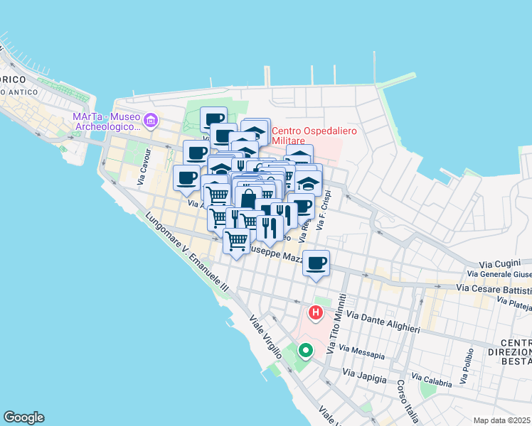 map of restaurants, bars, coffee shops, grocery stores, and more near 69 Via Cataldo Nitti in Taranto