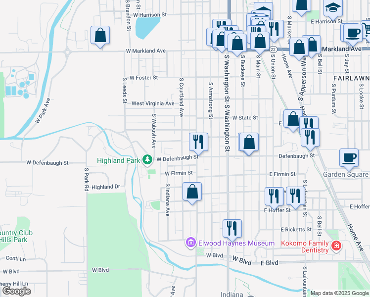 map of restaurants, bars, coffee shops, grocery stores, and more near 1434 South Courtland Avenue in Kokomo