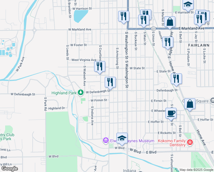 map of restaurants, bars, coffee shops, grocery stores, and more near 1434 South Courtland Avenue in Kokomo