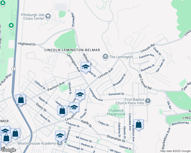 map of restaurants, bars, coffee shops, grocery stores, and more near 7171 Churchland Street in Pittsburgh