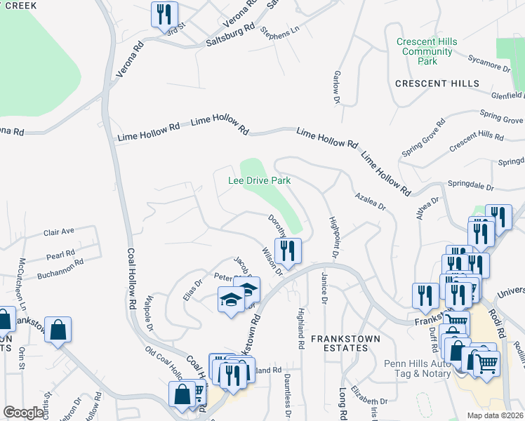 map of restaurants, bars, coffee shops, grocery stores, and more near 355 Dorothy Drive in Penn Hills